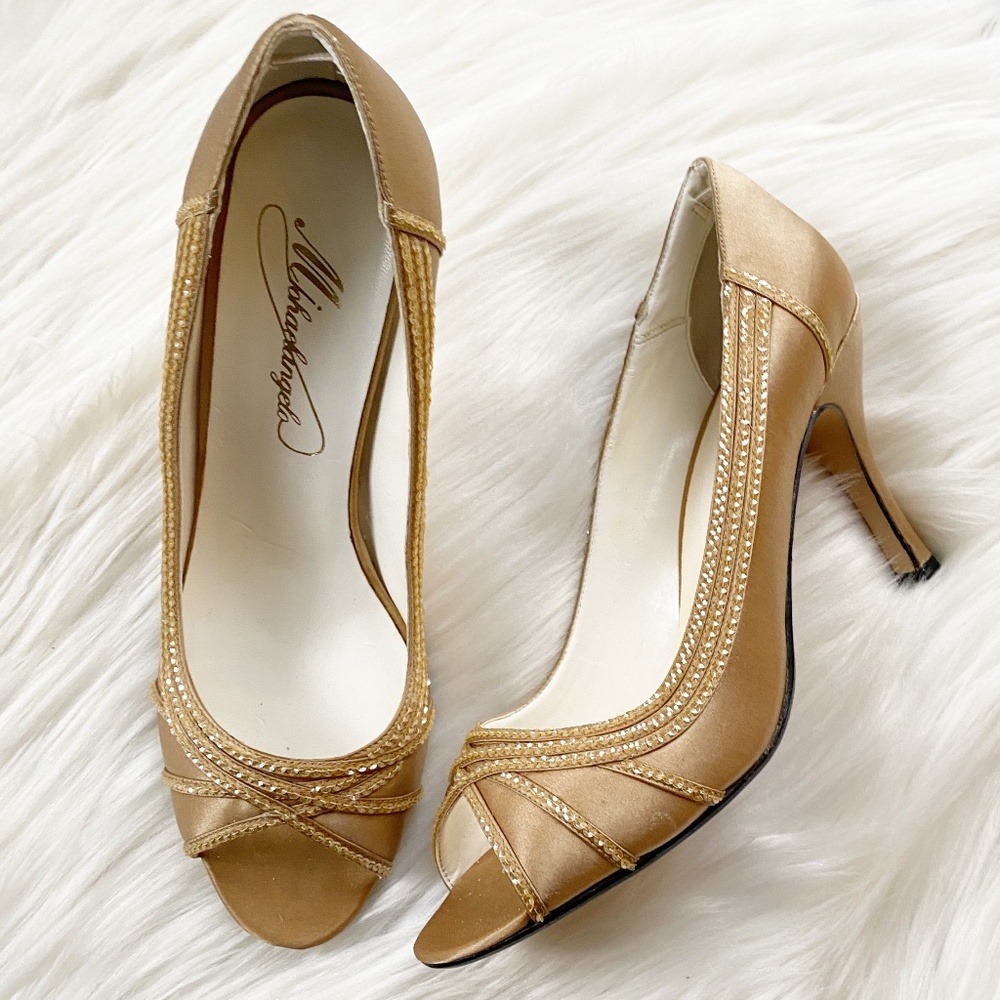 David's Bridal Michael Angelo Jada Gold Satin Heels 9B